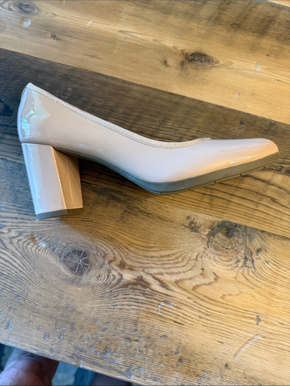 Nine West Pale Tan Patent Block Heel Pumps iFlex